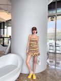  ĐẦM CARO VÀNG NÂU + HOA D7493 
