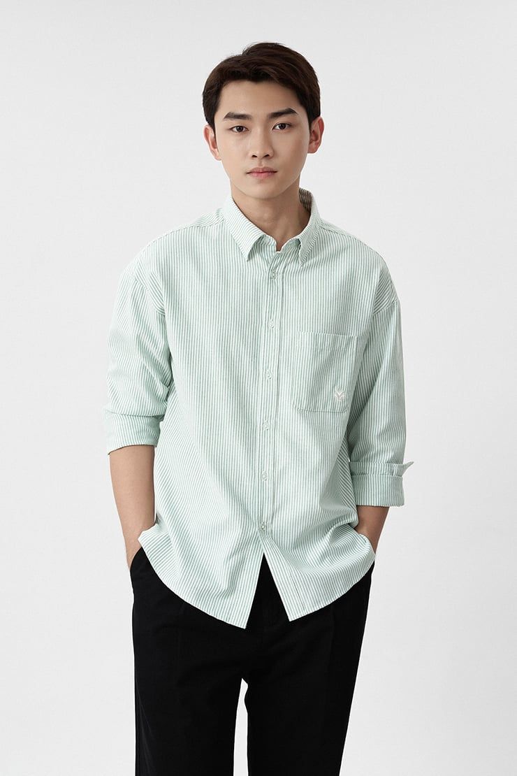 ÁO SƠ MI REGULAR LONGSLEEVE OXFORD - Sọc xanh lá