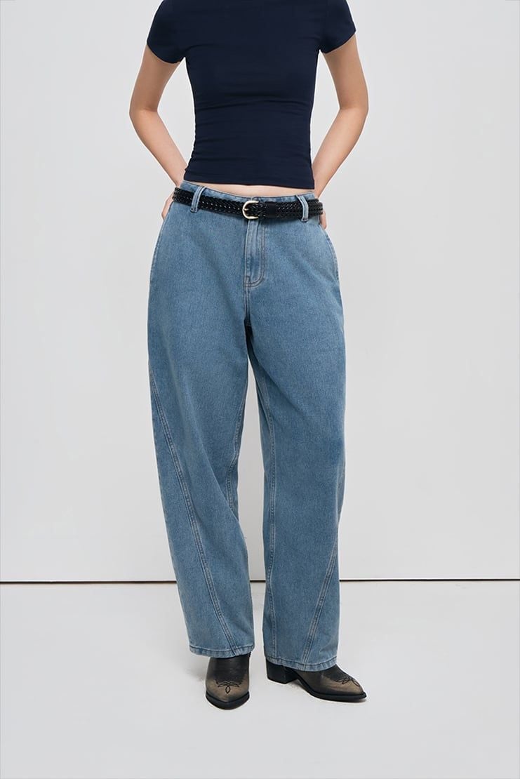 QUẦN DENIM NỮ ỐNG CONG BASIC - Xanh