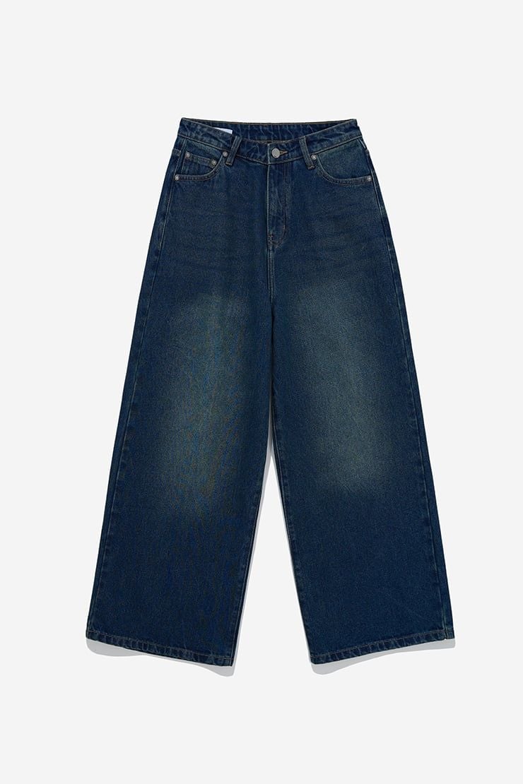 QUẦN DENIM NỮ ỐNG RỘNG BASIC - Xanh đậm