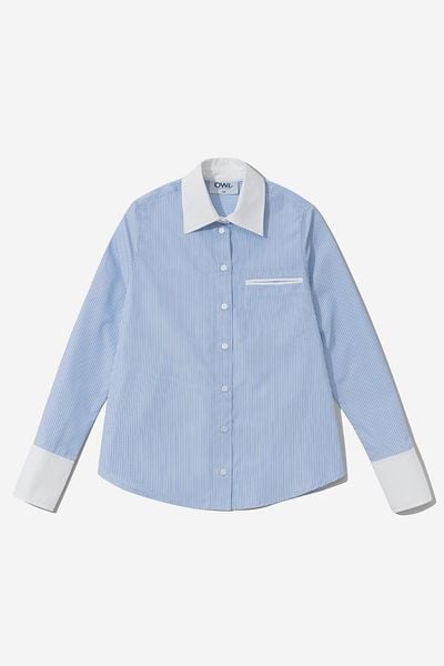 ÁO SƠ MI NỮ CROP STRIPED POPLIN - Xanh nhạt