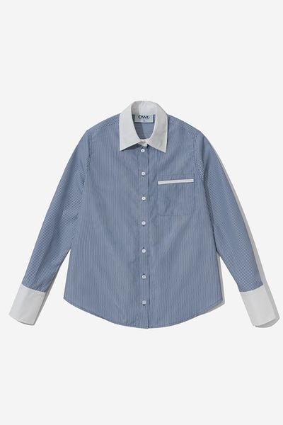 ÁO SƠ MI NỮ CROP STRIPED POPLIN - Xanh đậm