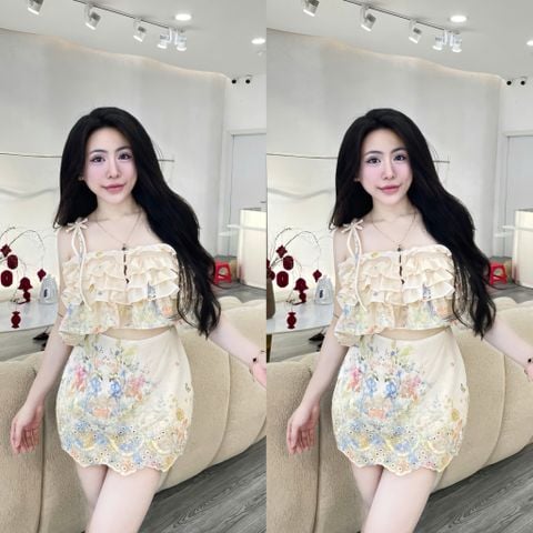 Set Áo Hai Dây Phối Bèo Cùng Chân Váy Ngắn Vải Xô Ren (P32)