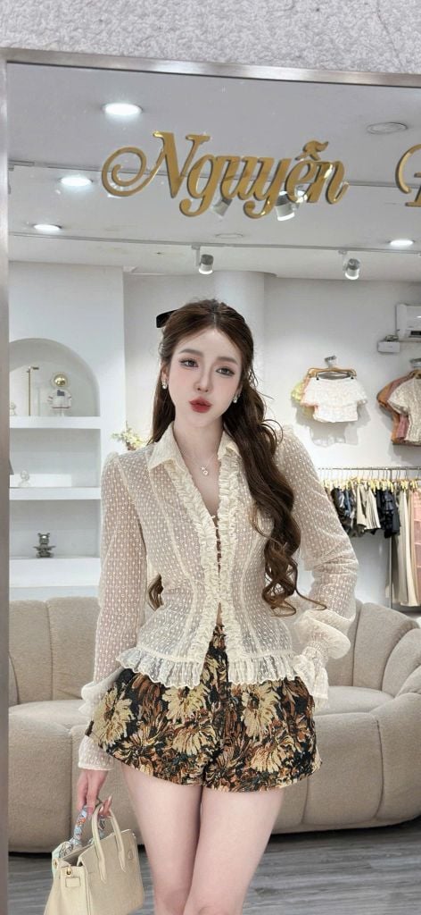 Set Áo Ren Tay Dài Phối Quần Hoa (V10)