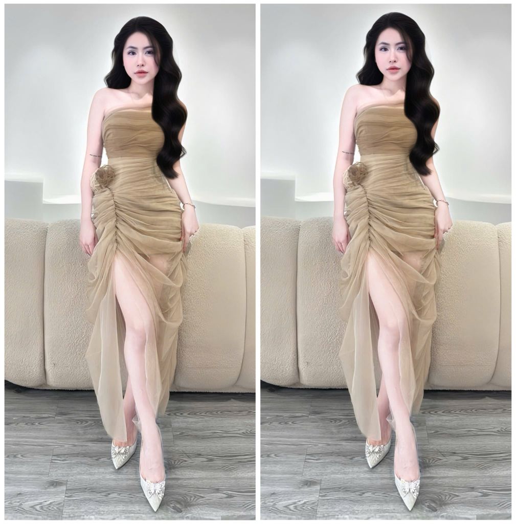 Đầm tiệc lưới dáng dài bẹt vai kèm hoa (G30)