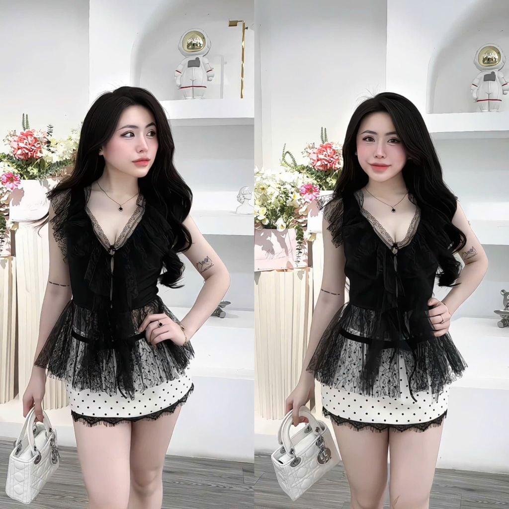 Set Áo ren voan cổ V và chân váy chấm bi (U17)