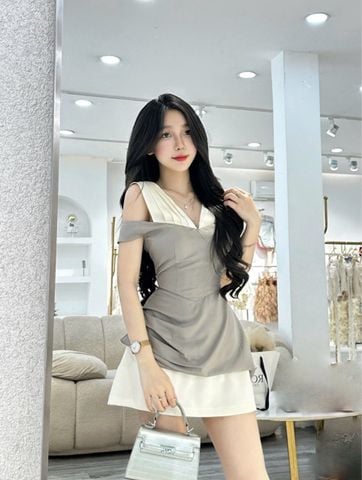 Set áo yếm bẹt vai nhún eo phối cv From A (L40)