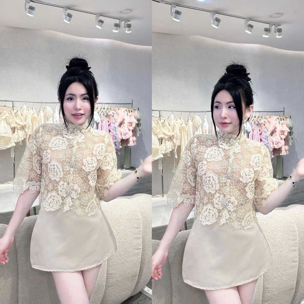 Set áo dài tay ren kim sa phối cv from A (J06)