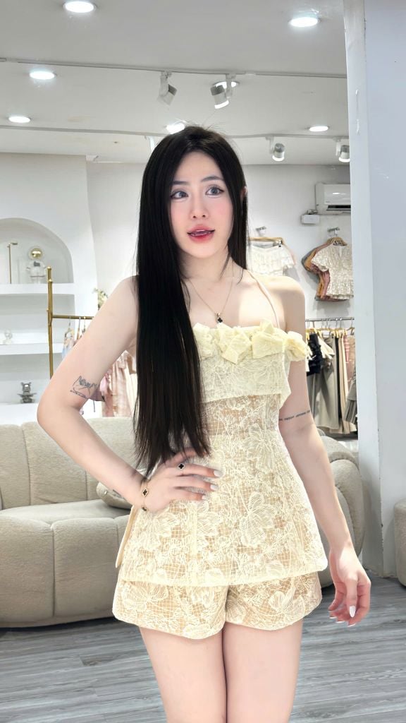 SET REN HAI DÂY HOA NỔI PHỐI QUẦN SHORT (V05)