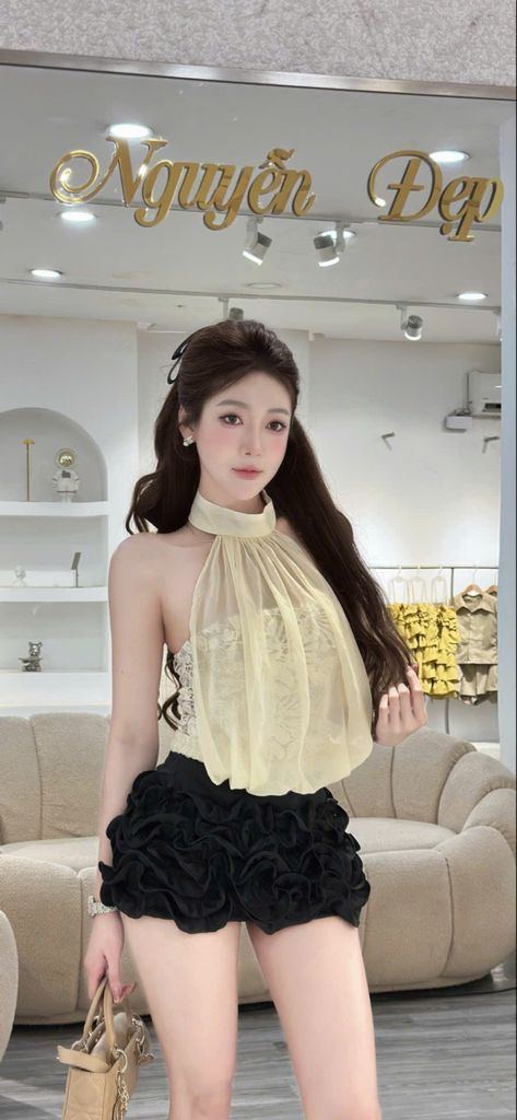 Áo cổ yếm voan rũ dáng bồng tiểu thư (R26)