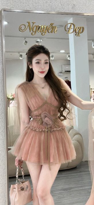 Đầm voan bèo đính hoa hồng (T59)