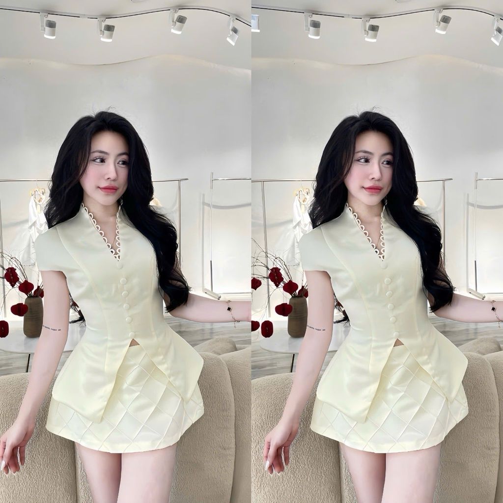 Set áo cổ V nút kiểu phối cv hoạ tiết (P38)
