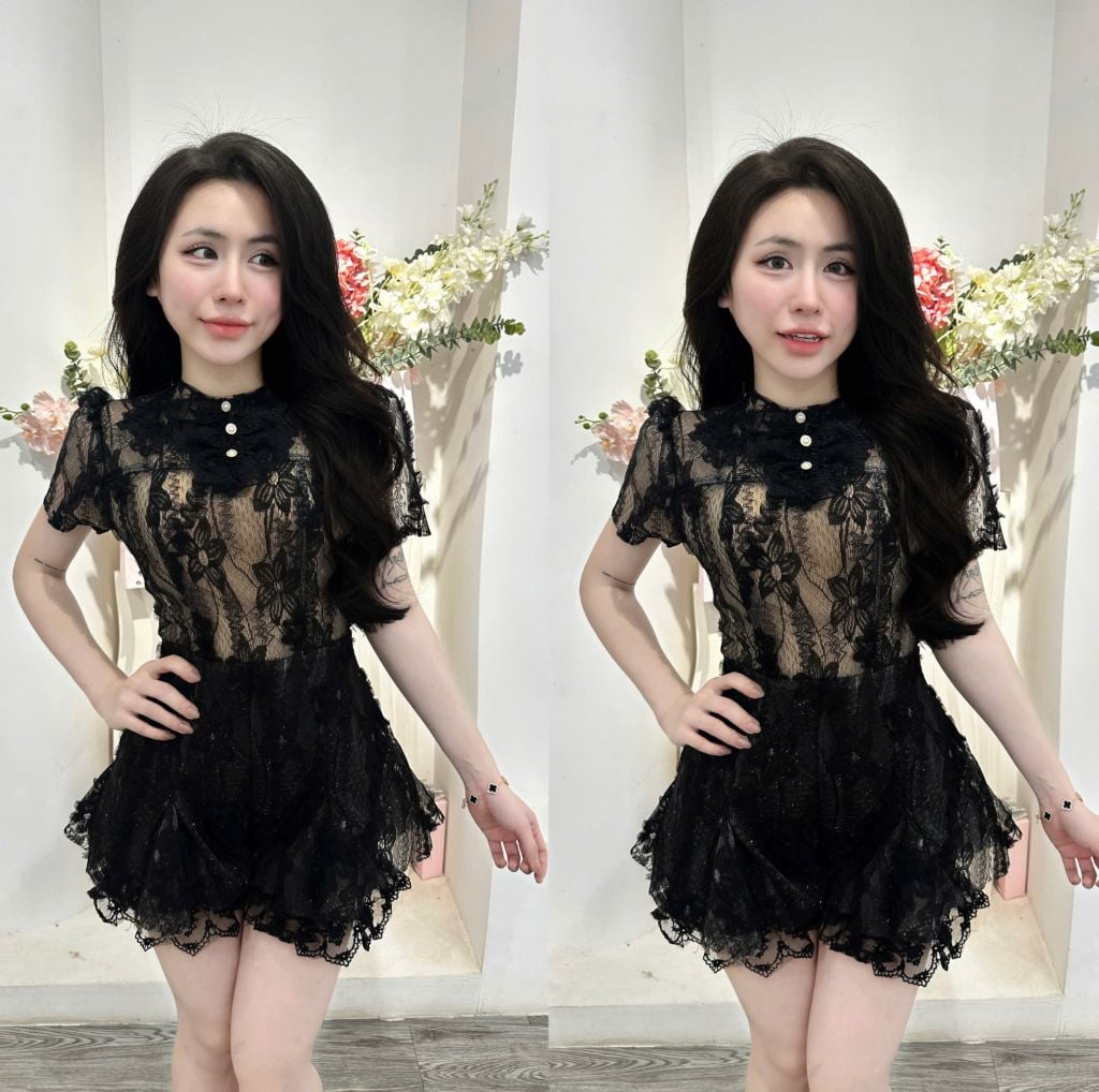 Jum Ren Hoa Nổi Tay Ngắn Dáng Xòe Phối Lưới (U64)