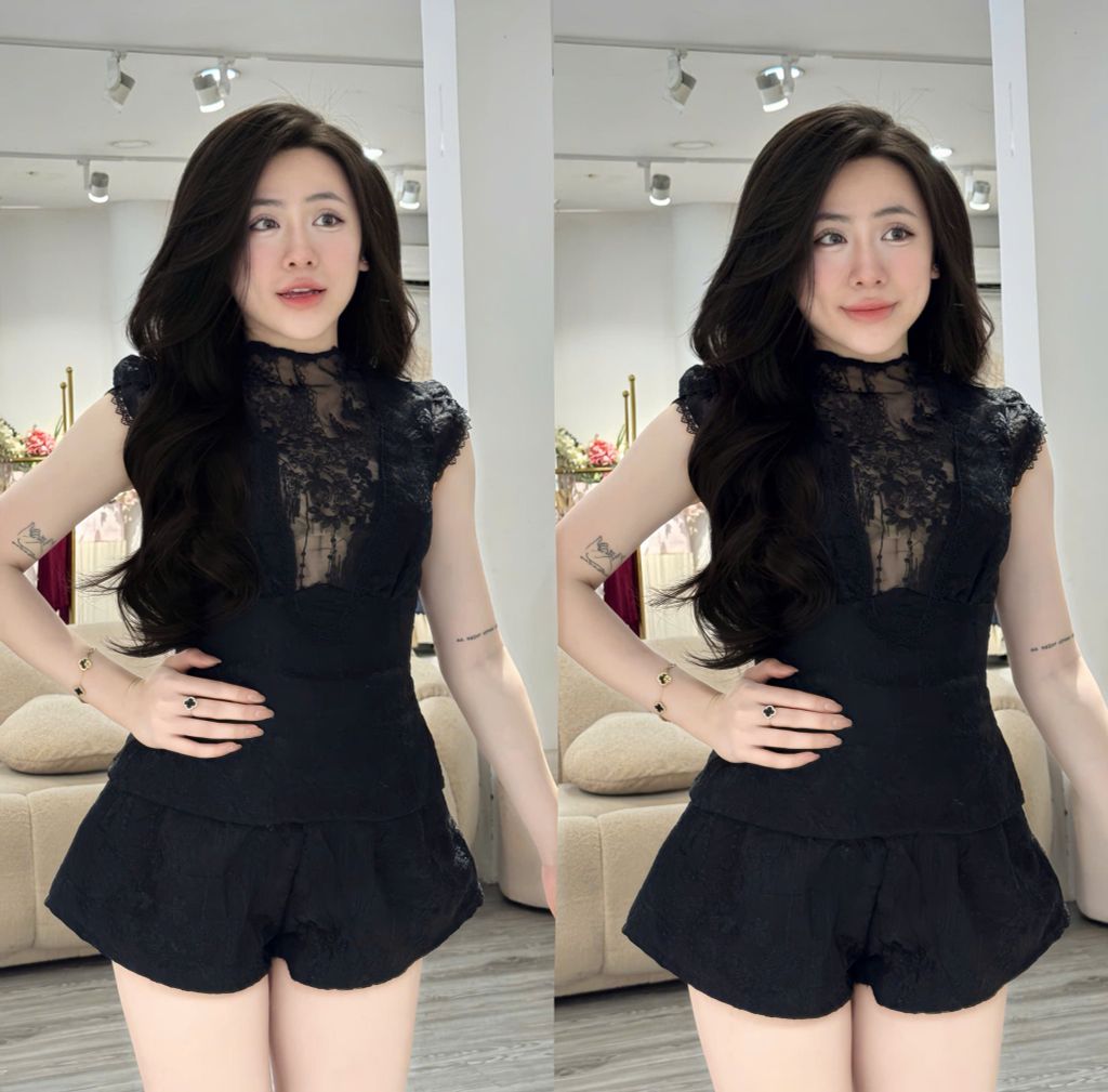 Set Áo Cổ V Phối Ren Và Quần Short (U73)