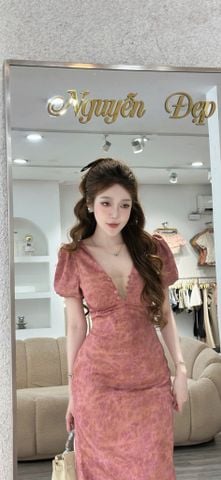 Đầm dáng dài cổ V tay bồng (O13)
