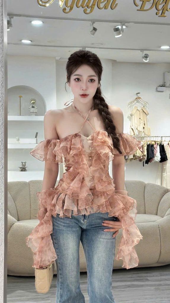 Áo trễ vai bèo nhún loang màu (S30)