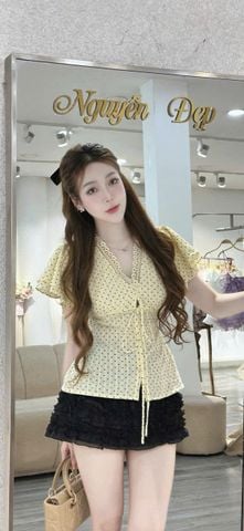 Set Áo Cổ V chấm bi phối chân váy bèo tầng (S67)
