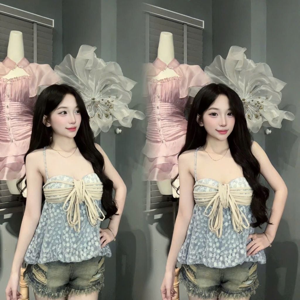 Áo hai dây cúp ngực phối dây nơ (R45)