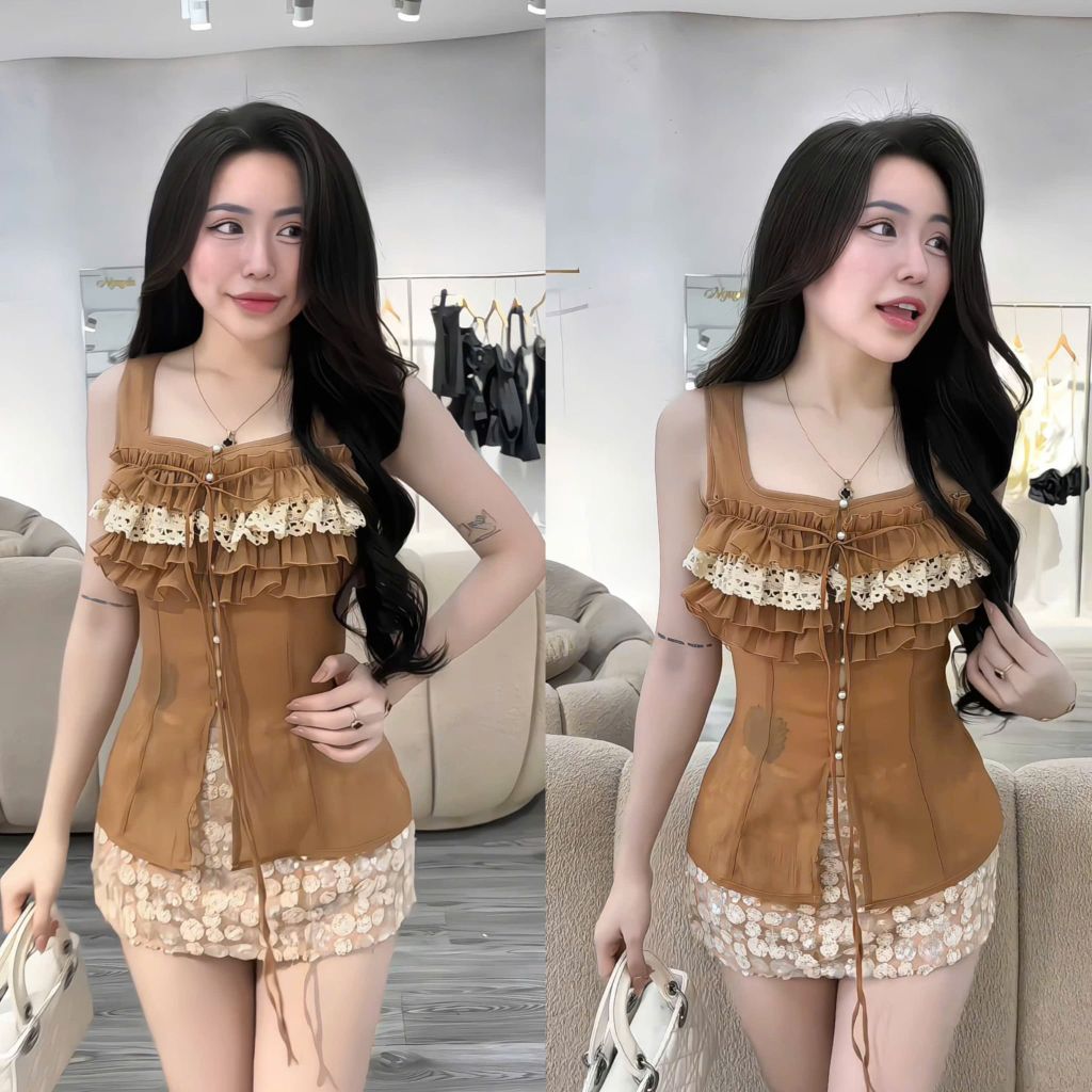 Set áo bèo tầng phối ren và chân váy kim sa (T01)