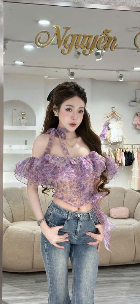 Áo trễ vai bo chun bèo nhún xếp tầng (Q16)