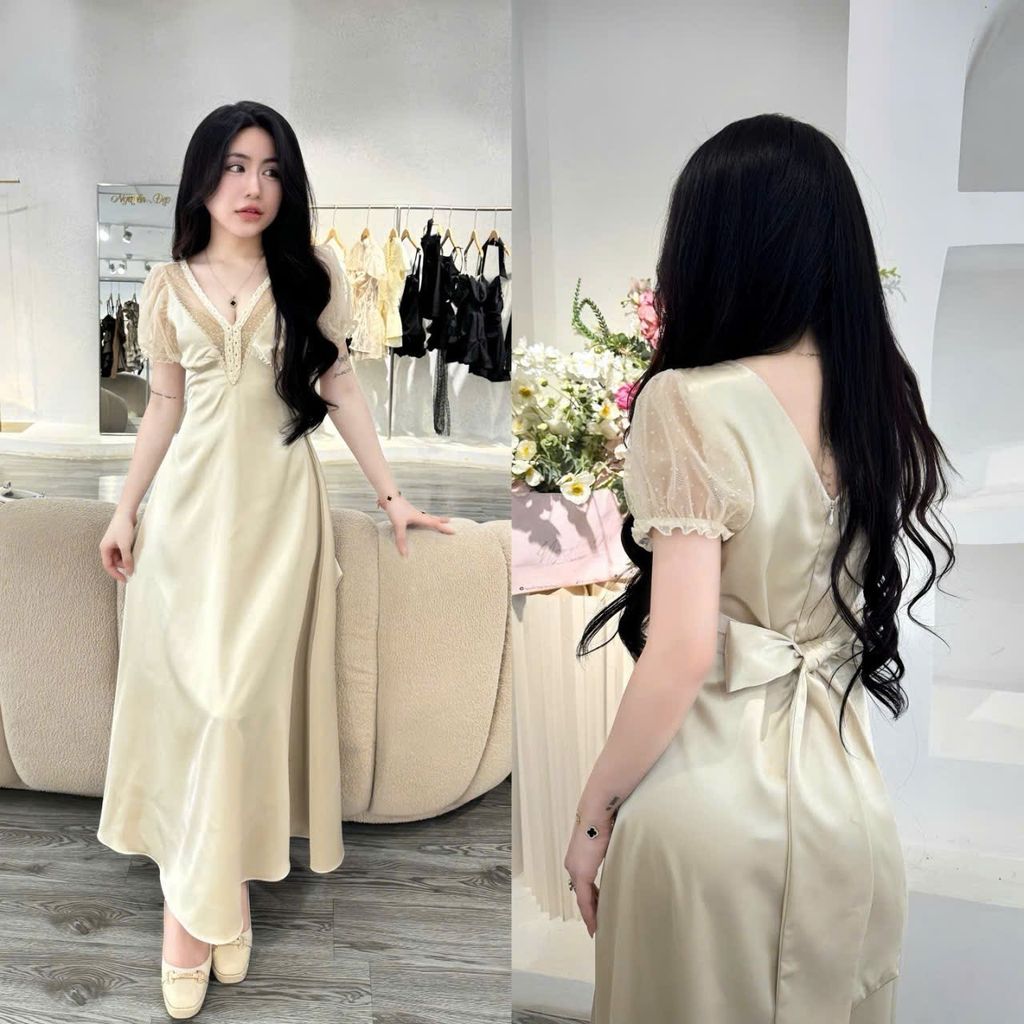 Đầm lụa tay bồng cổ V viền ren dáng dài (T30)
