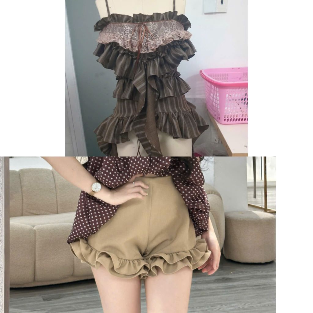 Set áo hai dây bèo tầng phối ren và quần bí (T32)