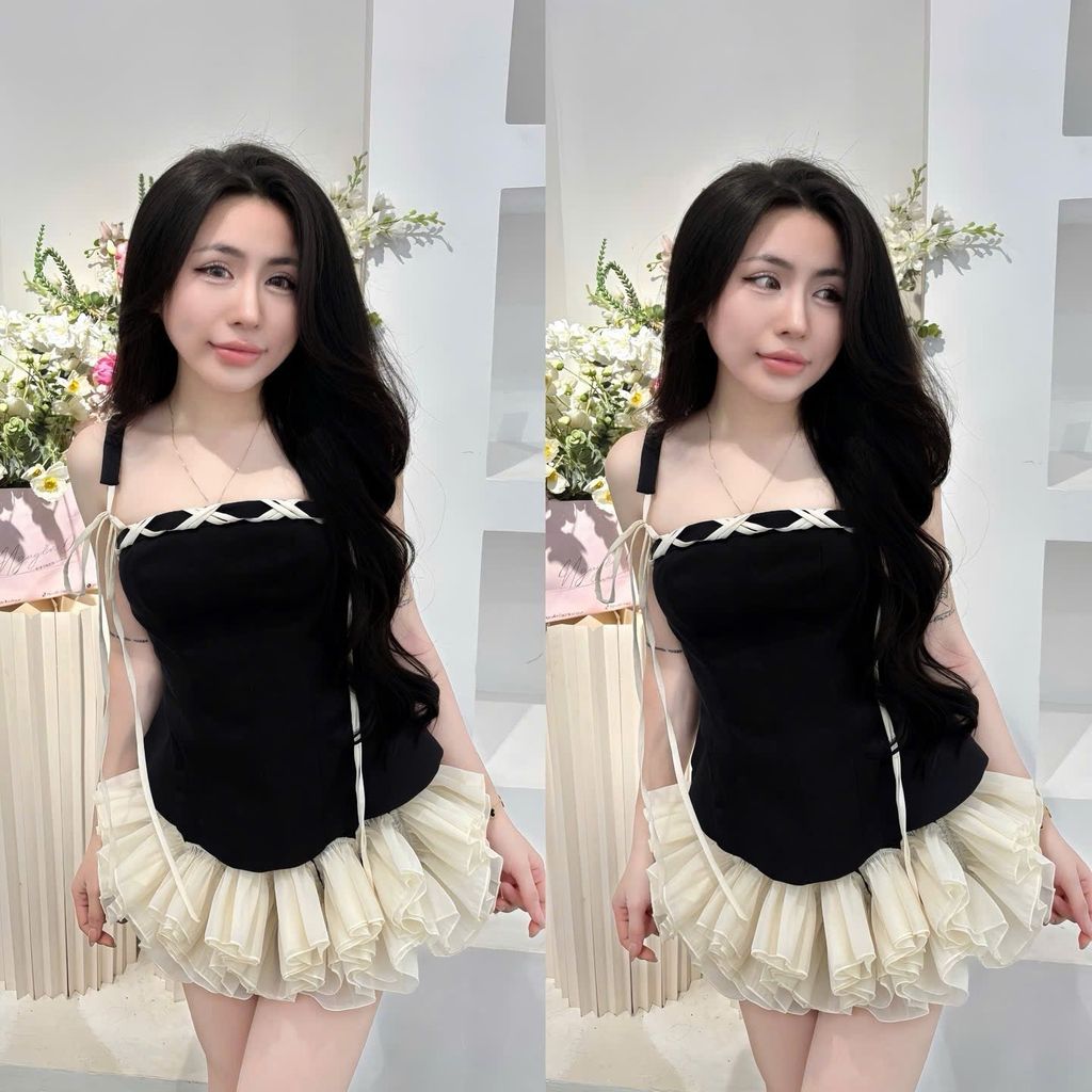 Set áo hai dây phối nơ corset và chân váy bèo phồng (T26)