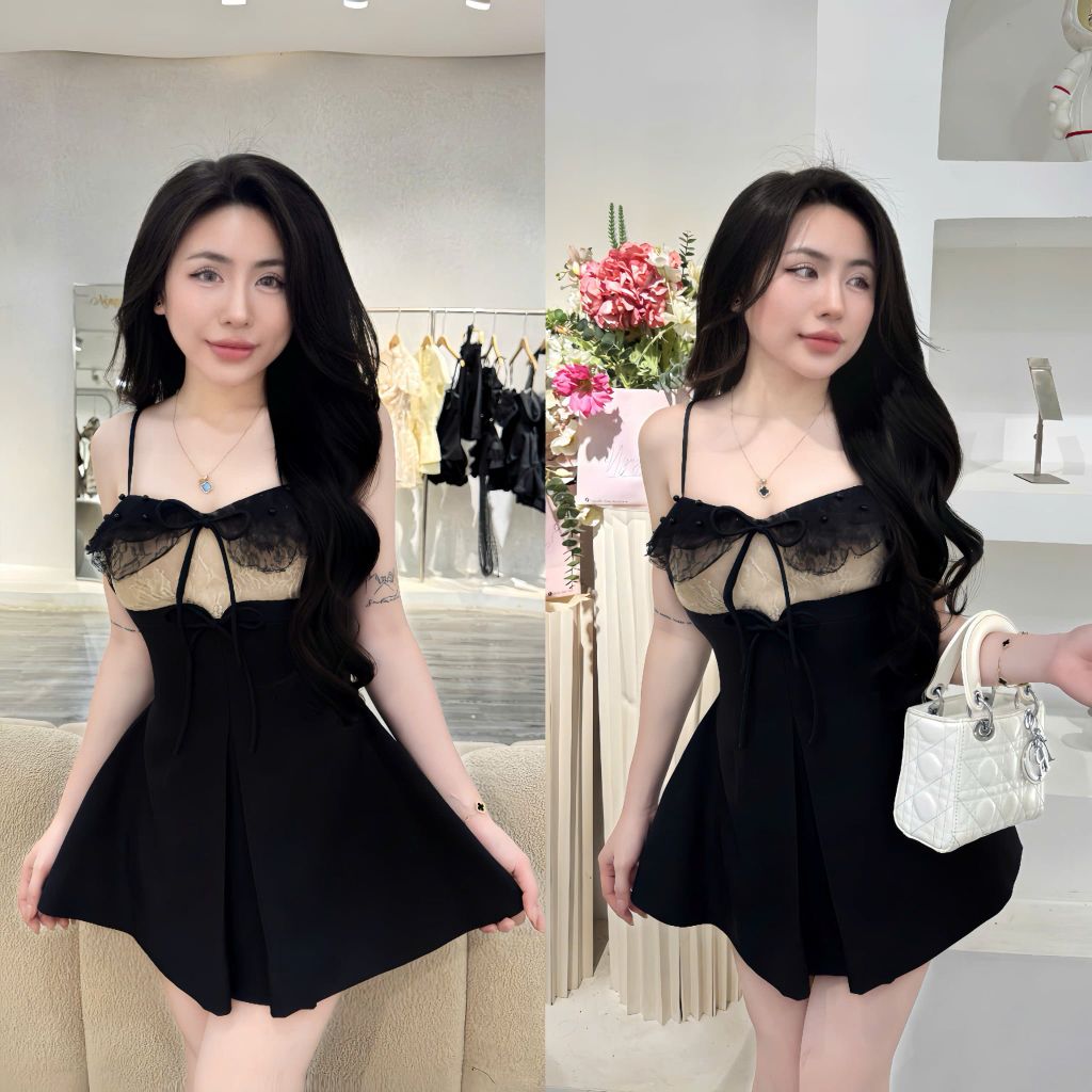 Đầm hai dây phối ren dáng xòe chữ A (T27)