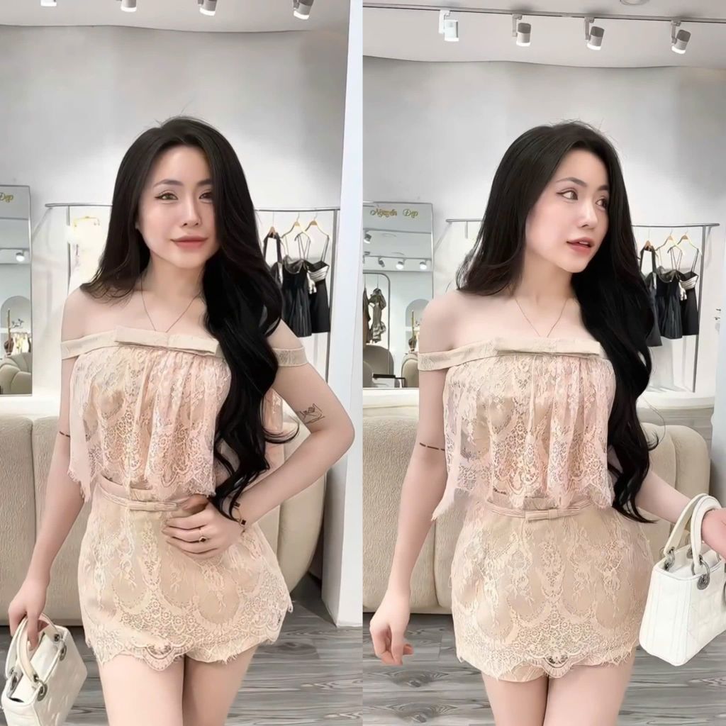 Set trễ vai quần giả váy phối ren mềm (T12)
