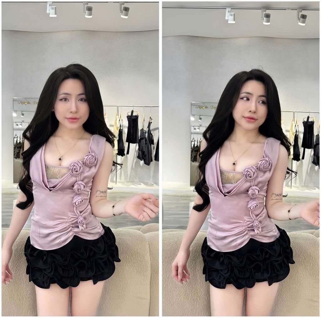 Áo lụa ôm dáng cổ đổ ren phối hoa hồng (T45)