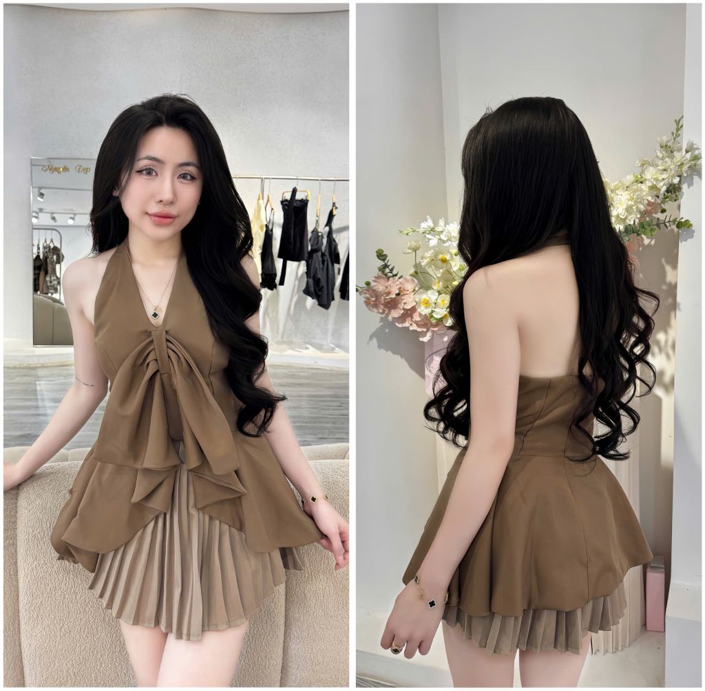 Set cổ yếm cài cúc và chân váy xếp ly (R36)