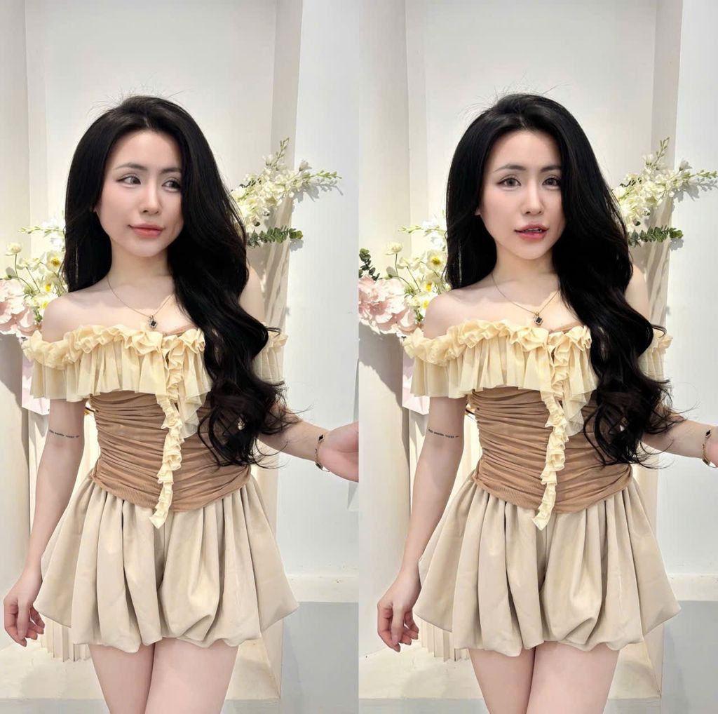 Áo bẹt vai bèo tầng phối quần bí (T56)