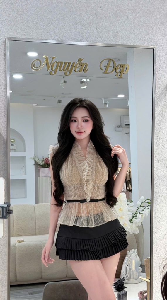 Set Áo Cổ V Phối Chân Váy Xếp Ly (T68)