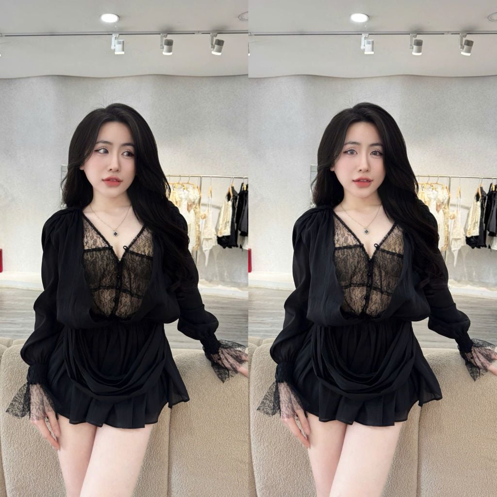 Đầm cổ V tay dài chiết eo (U19)