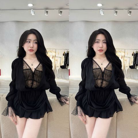 Đầm cổ V tay dài chiết eo (U19)