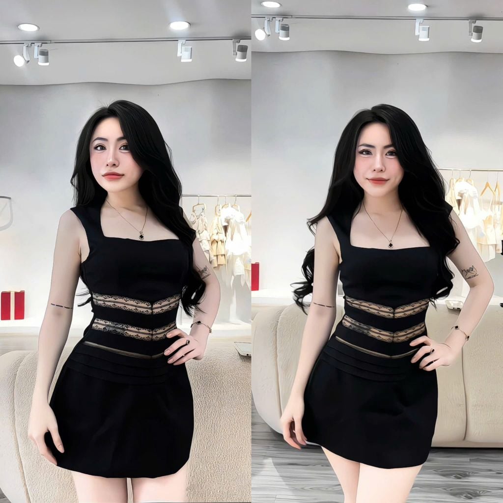 Đầm dáng A cổ vuông ôm eo phối ren tầng (U47)