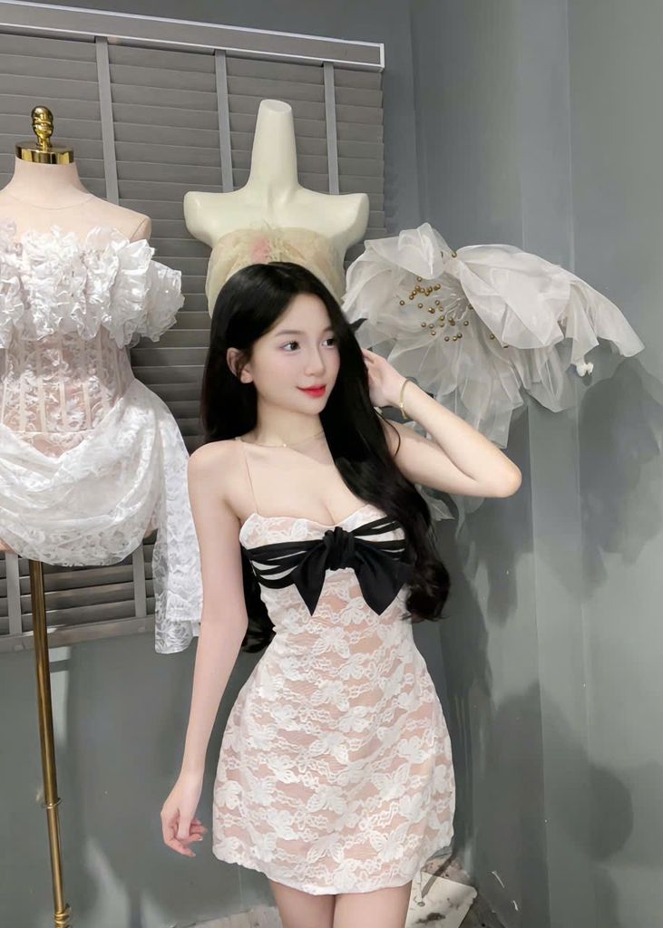 Đầm body vải ren thêu nổi phối dây nơ (S27)