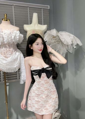 Đầm body vải ren thêu nổi phối dây nơ (S27)