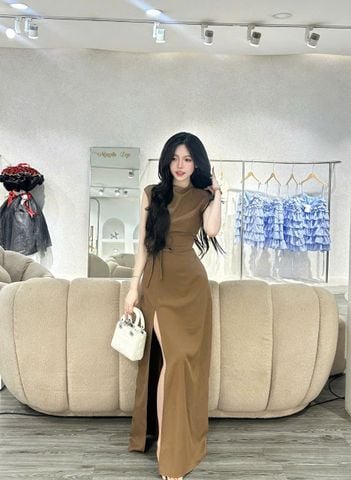 Đầm dáng dài sẻ tà phối tag nơ (S07)