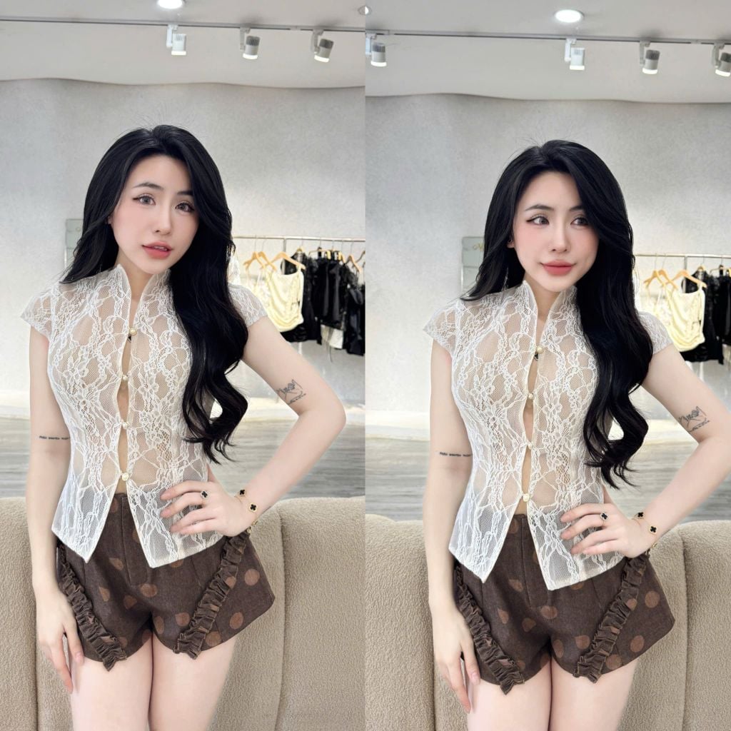 Set áo ren đính cúc ngọc và quần short (U22)