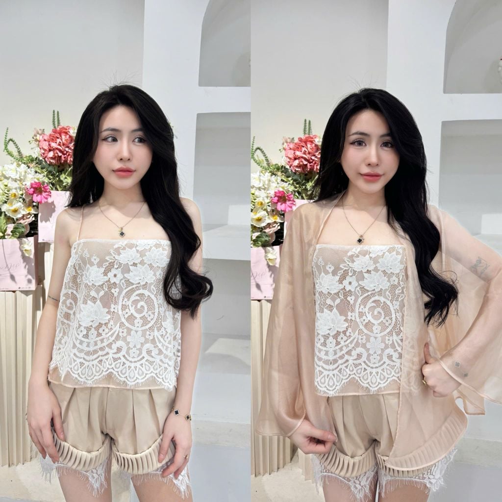 Set áo lụa tay dài phối ren và quần short (U43)