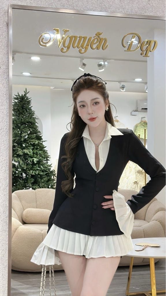 Đầm vest phối sơ mi cổ bẻ – chân váy xếp ly tiểu thư (L41)