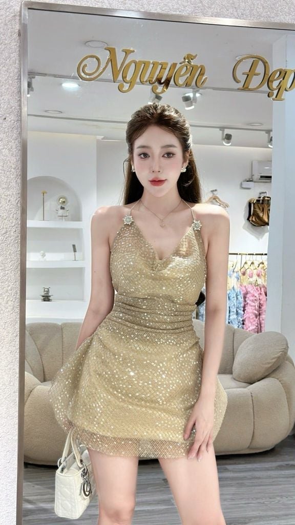 Đầm yếm dây đá phối lưới bling (J32)