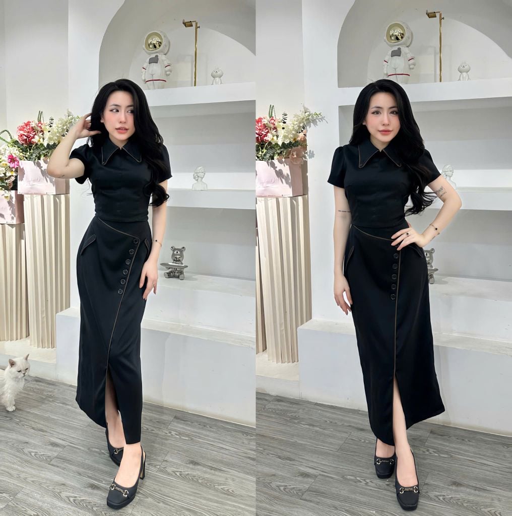 Set áo cổ sơ mi phối chân váy dài (U31)