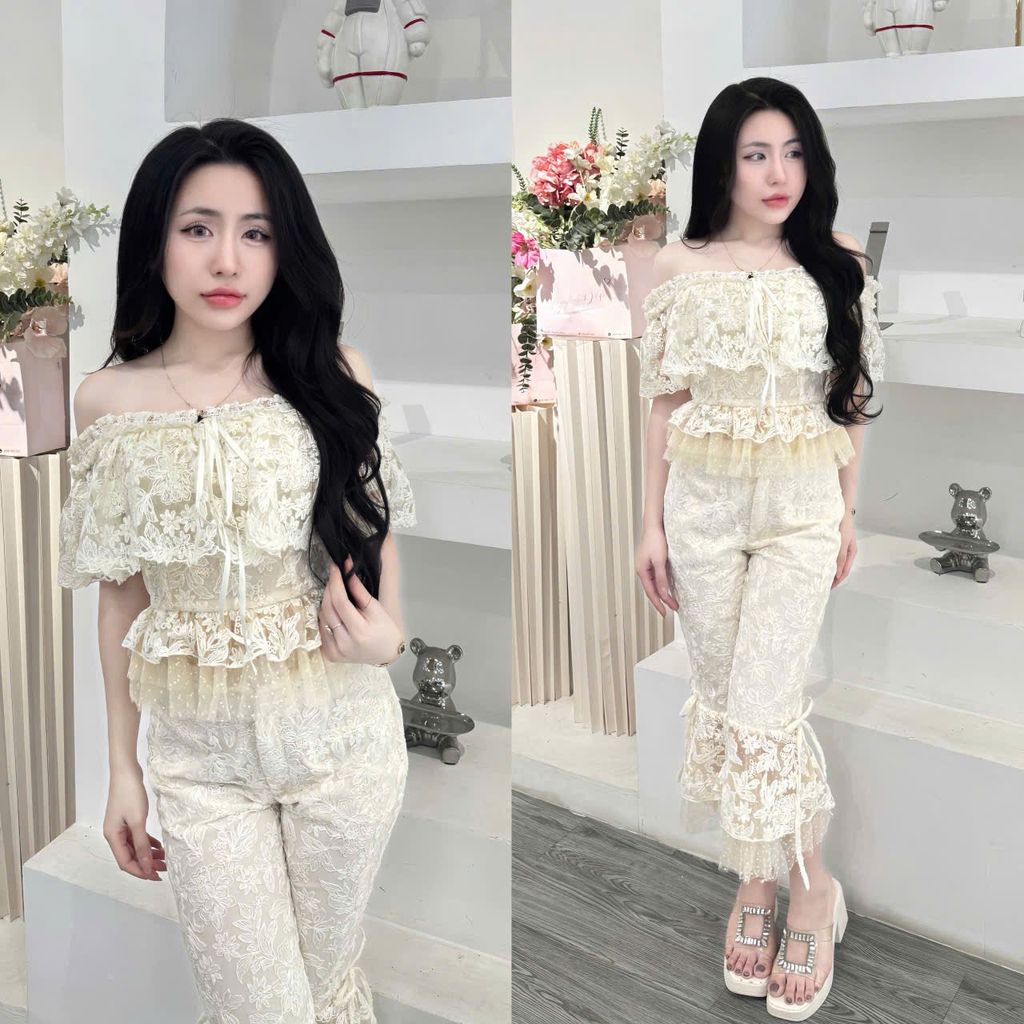 Set áo trễ vai bèo nhún phối quần ống loe (T13)