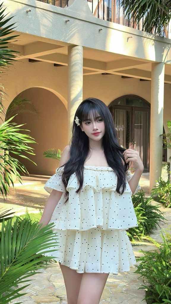 Đầm voan tầng bẹt vai viền bính hoạ tiết chấm bi (G58)