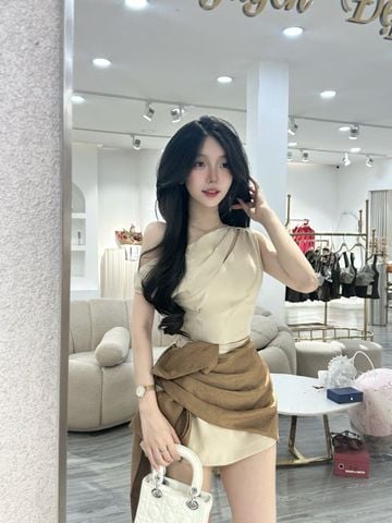 Set áo lệch vai phối cv form A tà dài (O15)