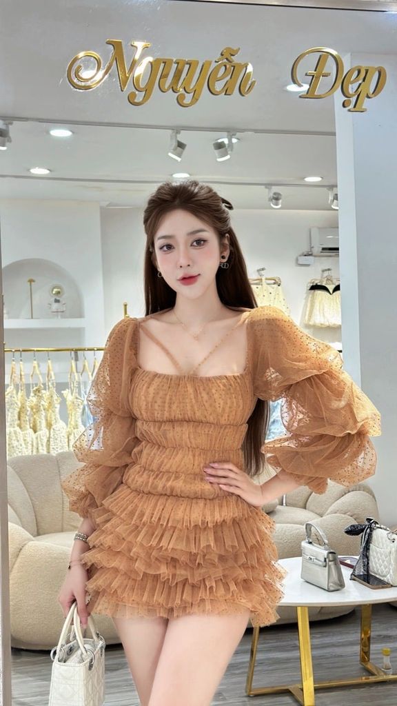 K31_Đầm lưới bi bèo tầng tay bồng