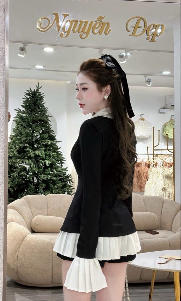 Đầm vest phối sơ mi cổ bẻ – chân váy xếp ly tiểu thư (L41)