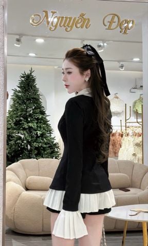 Đầm vest phối sơ mi cổ bẻ – chân váy xếp ly tiểu thư (L41)